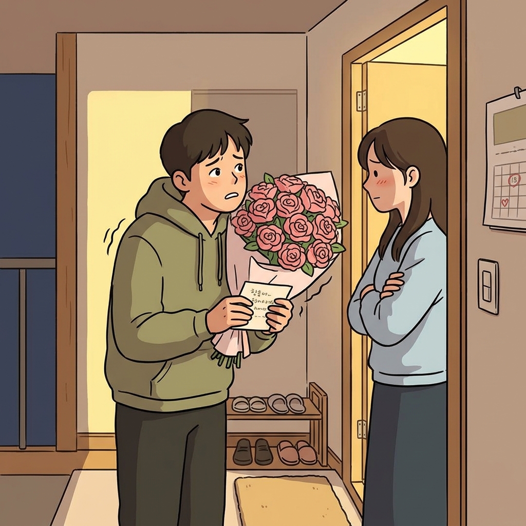 기념일을 깜빡한 그가 꽃을 들고 사과하러 왔다.