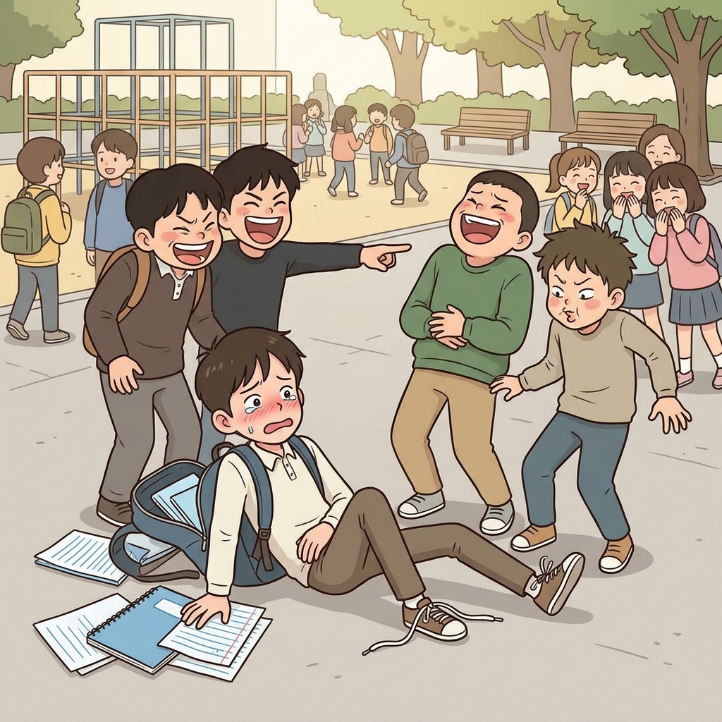 애들이 신발끈에 걸려 넘어진 그를 대놓고 놀린다.