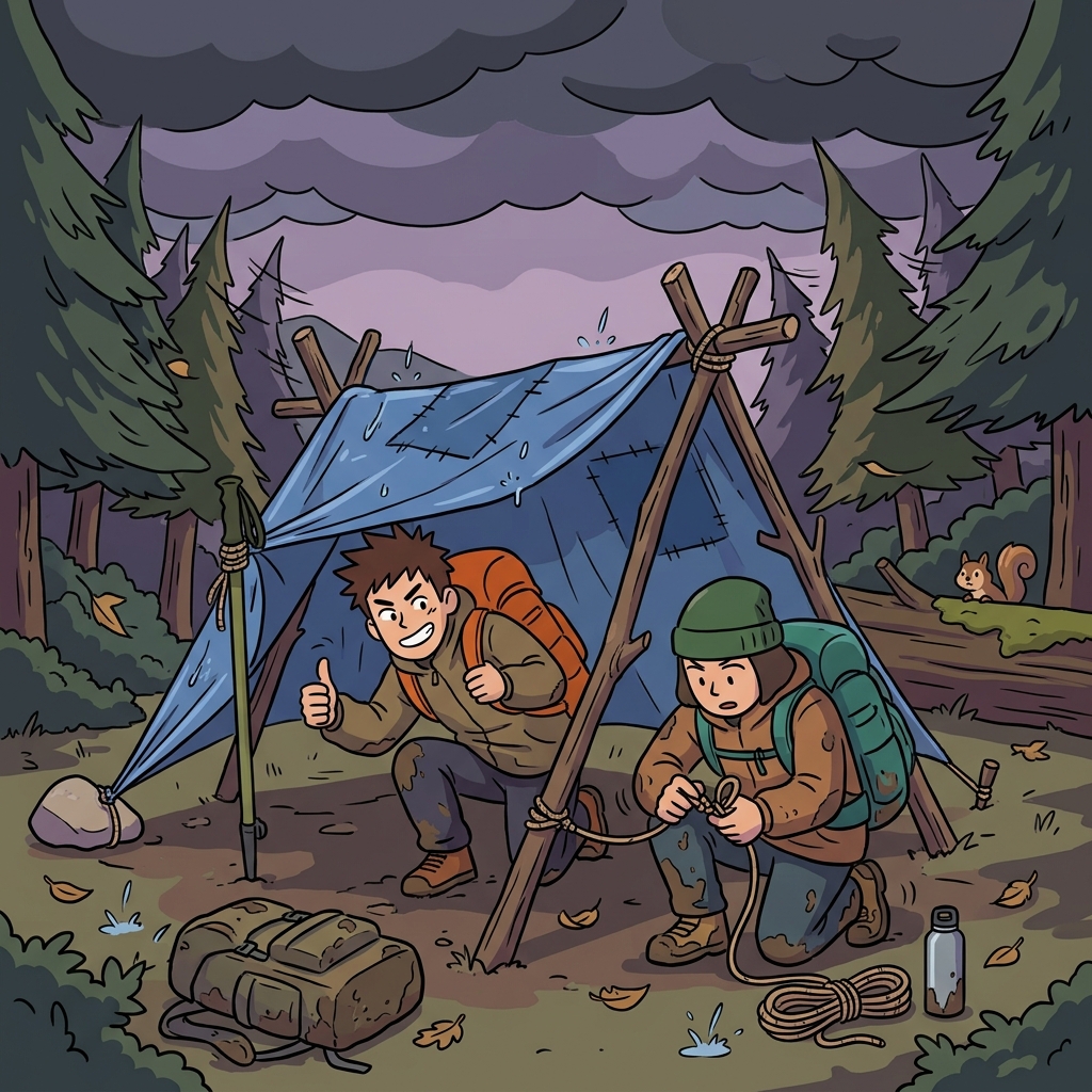 They built a makeshift shelter from branches and a torn tarp before the storm hit.