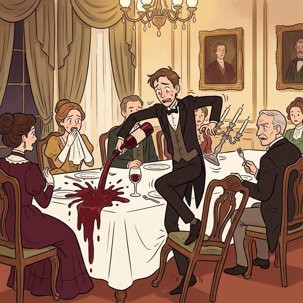 His maladroit attempt to pour wine soaked the entire tablecloth in front of guests.