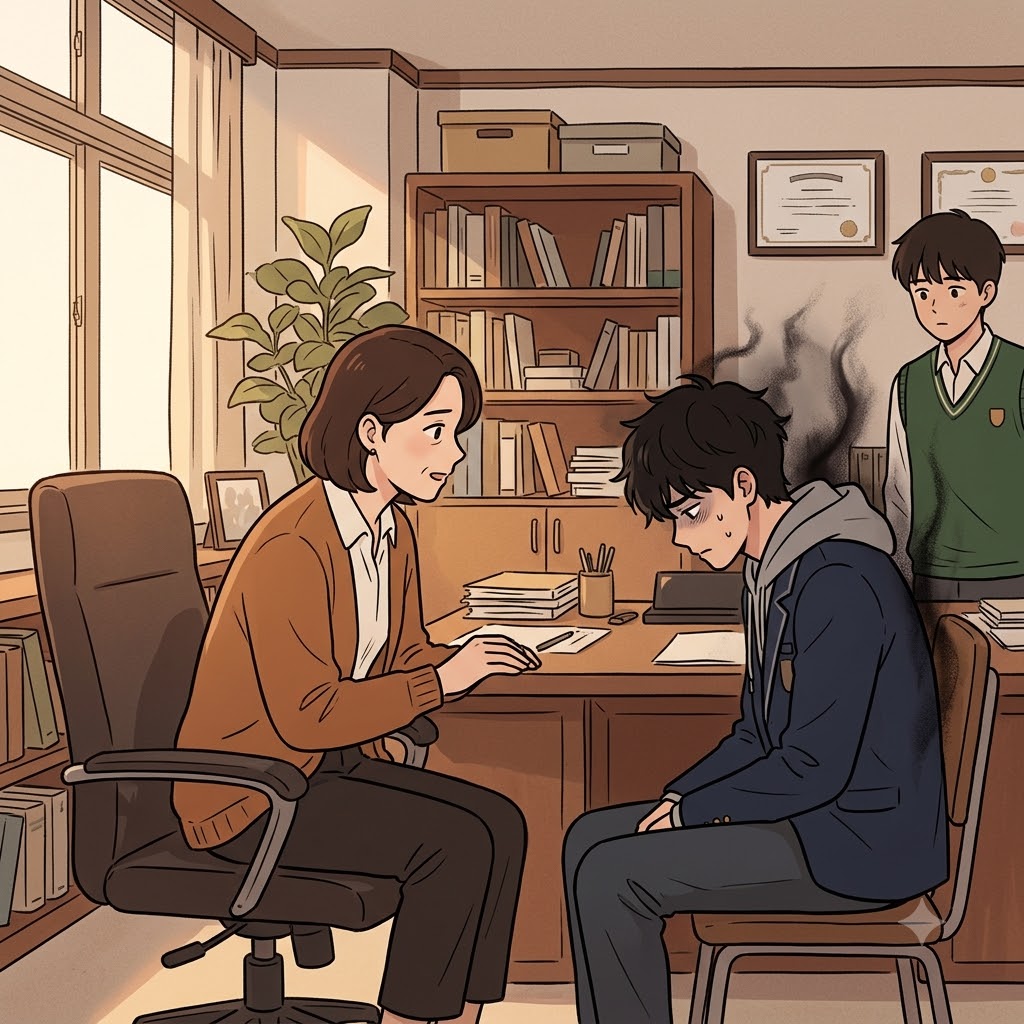 선생님은 친구를 일부러 괴롭힌 학생에게 "말해 볼래?"라고 물으며 그의 악의(malevolence)를 알아차렸다.