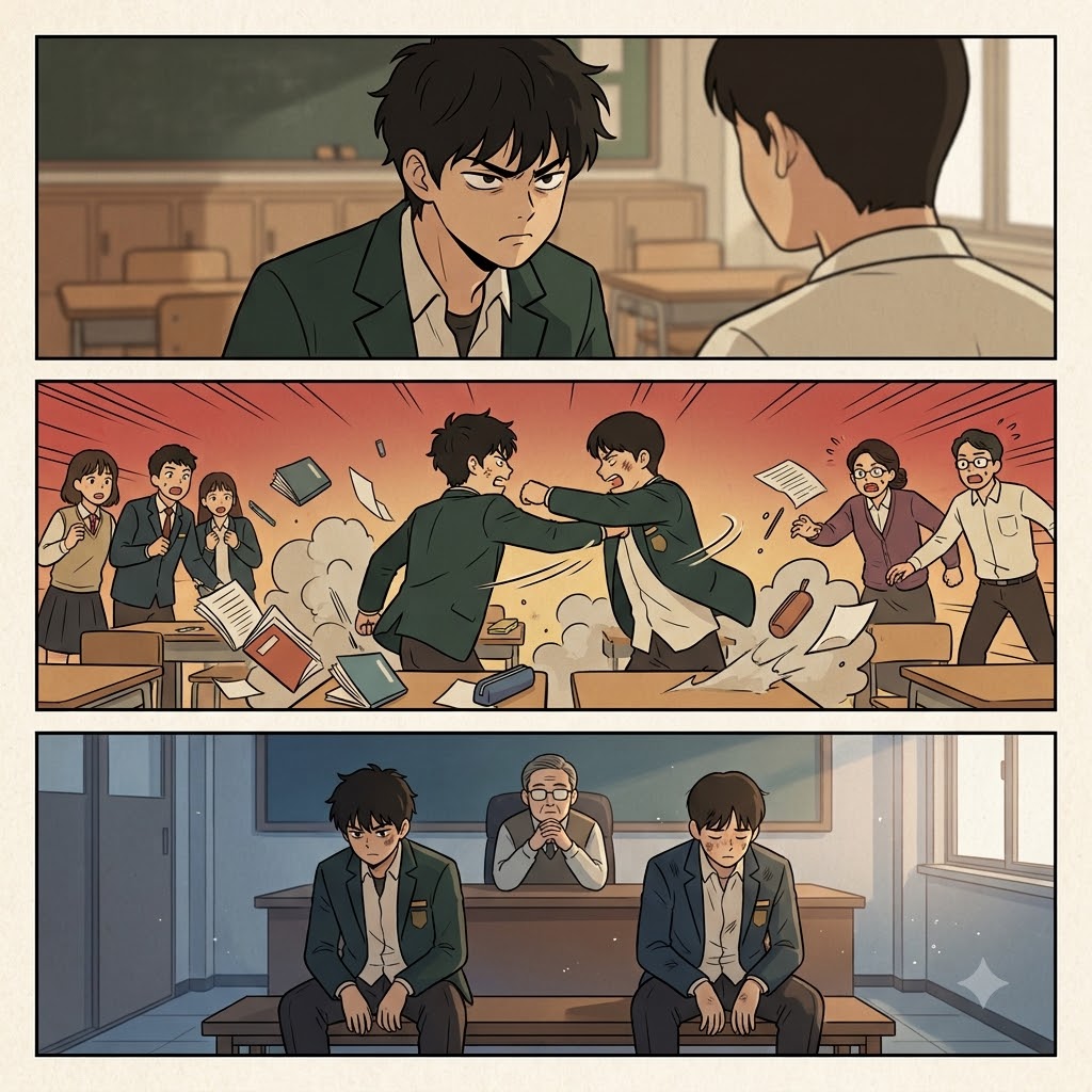 그의 악의(malevolence)는 폭력(violence)으로 이어졌고, 방 안에는 침묵(silence)만 남았다.