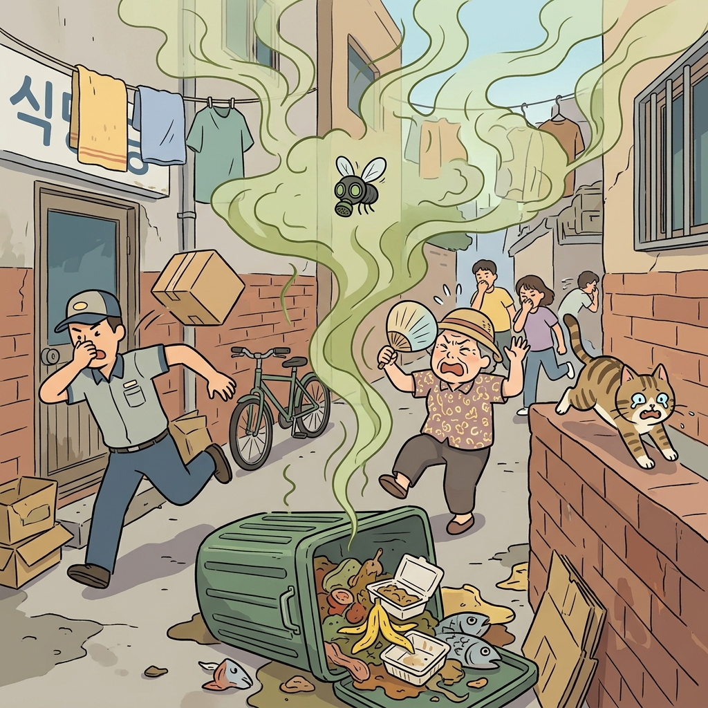 The malodorous trash bin cleared the entire alley in seconds.