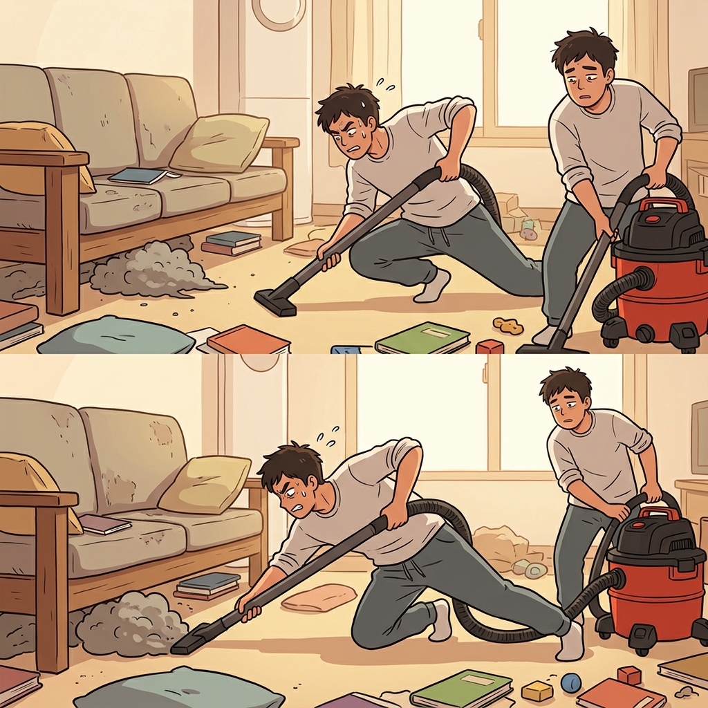 To suck up the stubborn dust, the dad had to aggressively maneuver the extremely heavy, giant Hoover under the tight sofa.