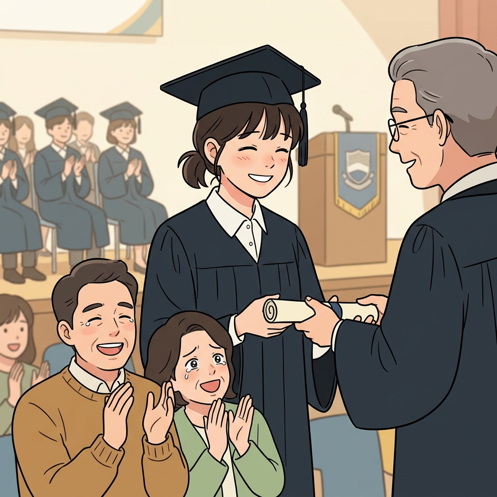 그녀의 기쁨은 환한 미소를 통해 자연스럽게 드러났다.