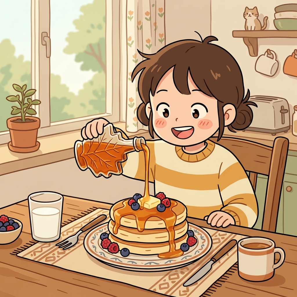 가족은 아침 식사로 팬케이크에 달콤한 메이플시럽을 듬뿍 뿌렸다.