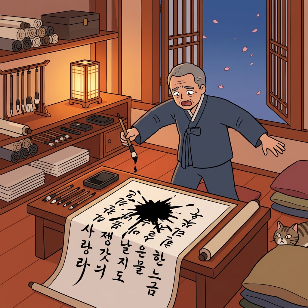 A single ink drop fell and marred the finished calligraphy scroll.