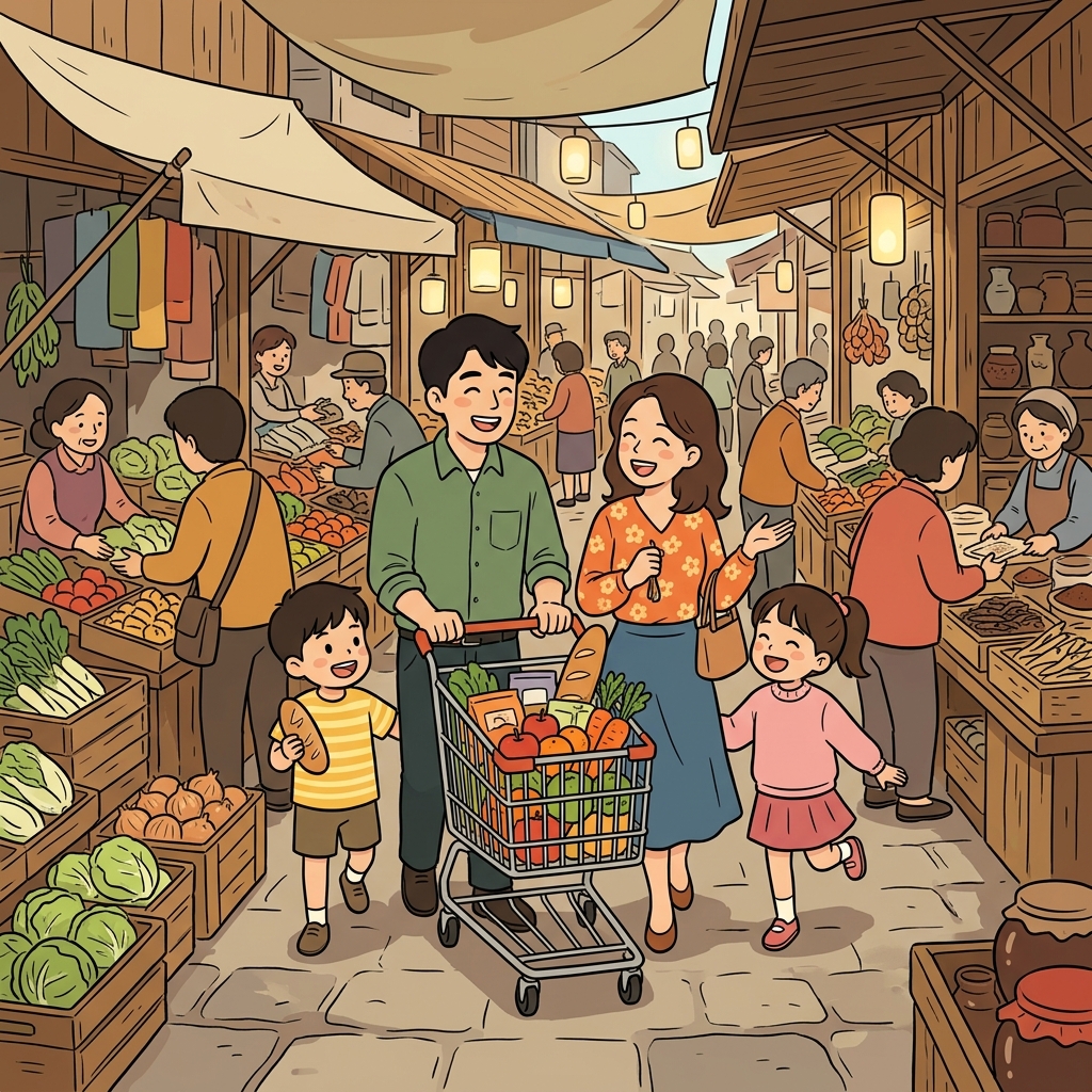 가족은 북적이는 시장에서 함께 장을 보며 즐거운 시간을 보냈다.