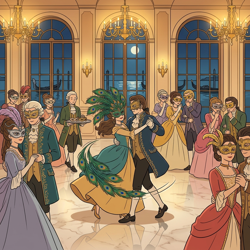 At the grand ball, dancers hide behind feathered masks during the masquerade.
