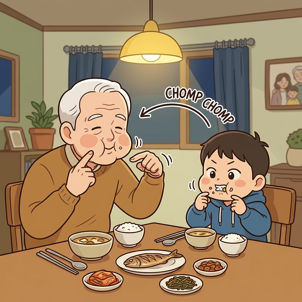 The grandfather tells his grandson to masticate each bite slowly before swallowing.