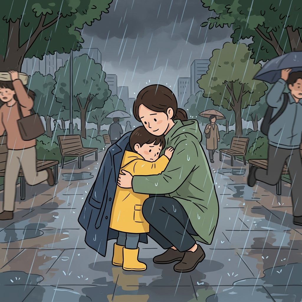 Her maternal instinct made her protect the frightened child immediately.