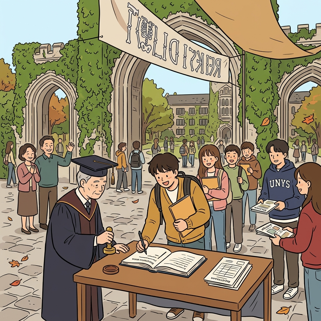 9월의 첫날, 신입생들이 대학 정문 앞에서 입학 등록을 하고 있다.
