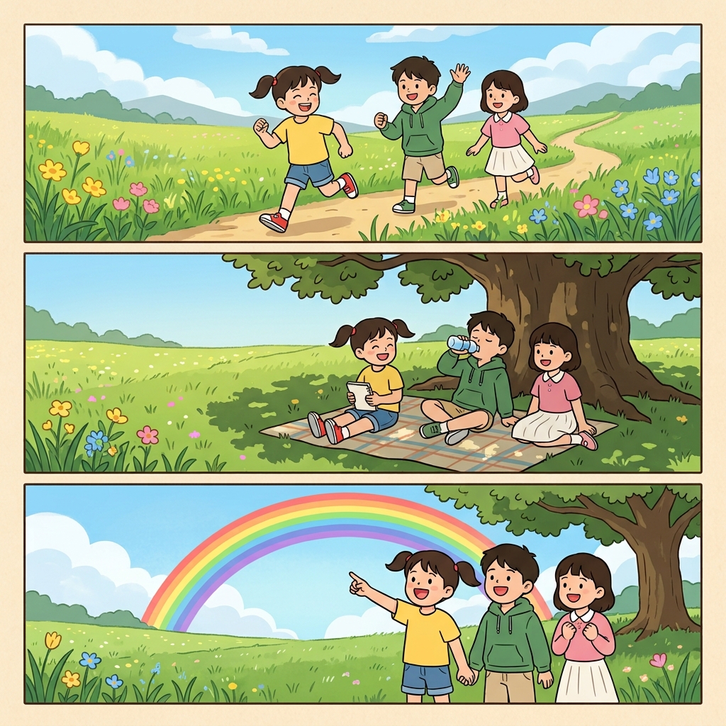 아이들은 초원에서 놀고, 나무 그늘에서 쉬다가, 무지개를 바라보았다.