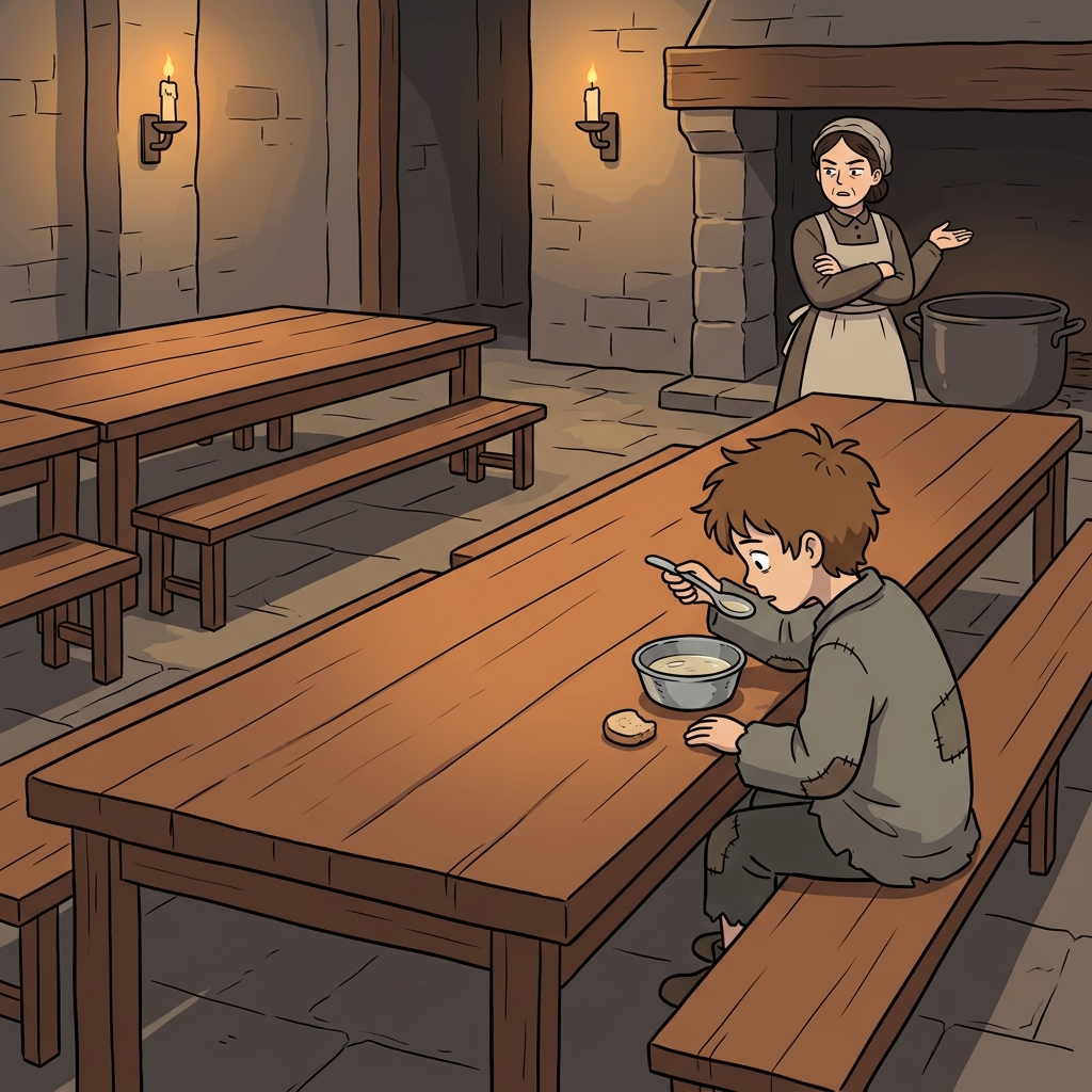 The orphan stared at his meager bowl of thin soup and one crust of bread.