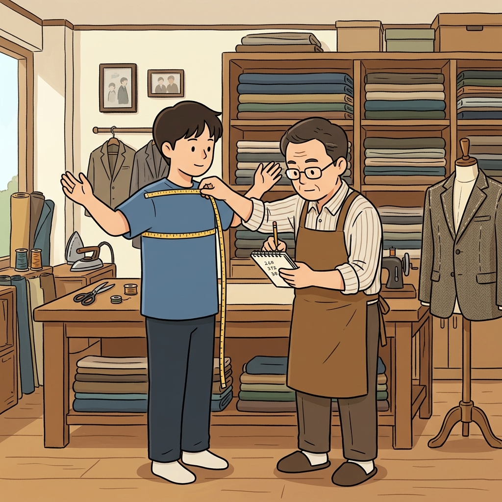 재단사는 새 양복을 만들기 위해 치수를 꼼꼼히 쟀다. ("몇 cm?" → 치수를 재는 것)
