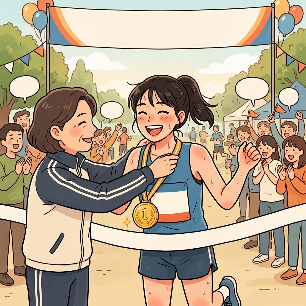 마라톤 선수는 결승선을 통과한 뒤 금메달을 목에 걸고 환하게 웃었다. (ME가 달 메달)