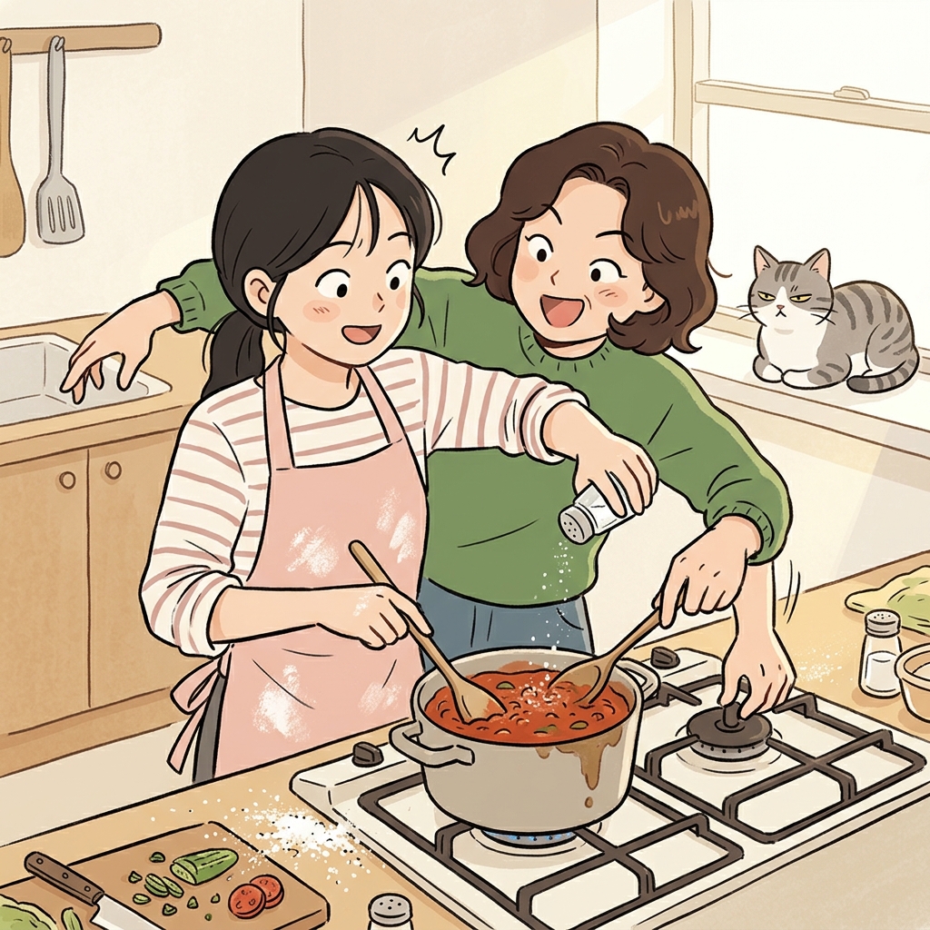 Stop trying to meddle in your sister's messy but happy kitchen experiment.