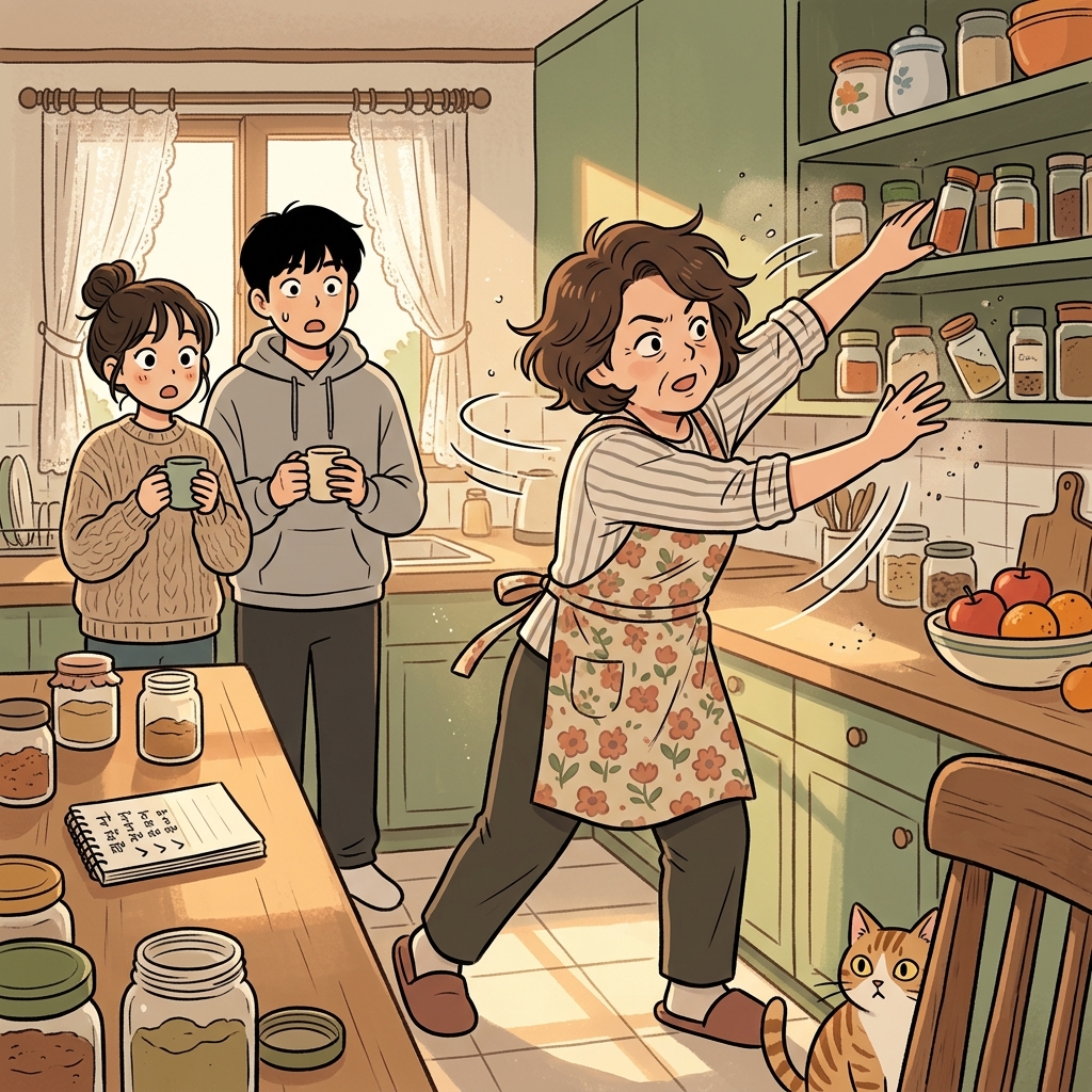 Her meddlesome aunt keeps rearranging the kitchen without asking anyone.