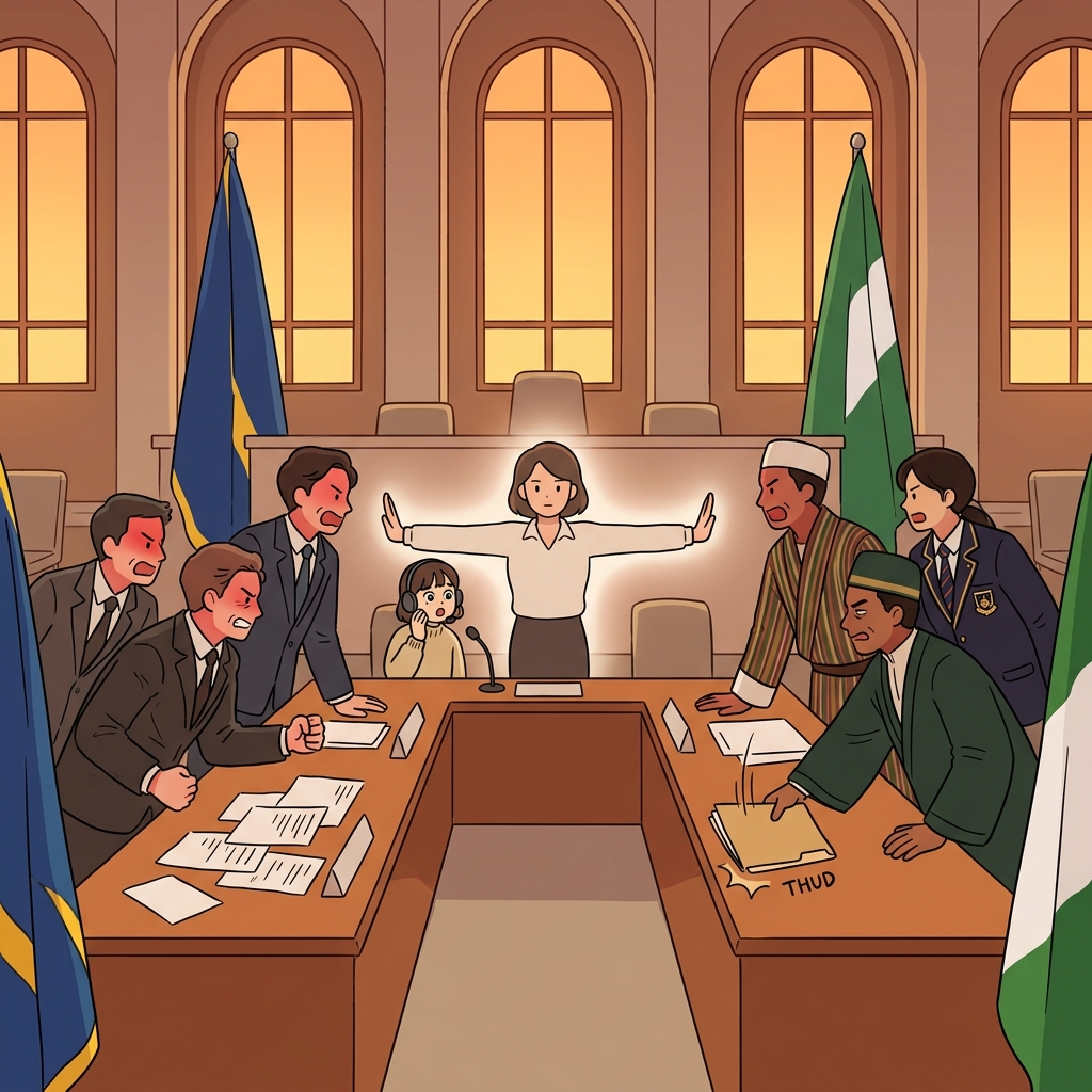 The UN diplomat steps in to mediate between two feuding delegations at the peace summit.