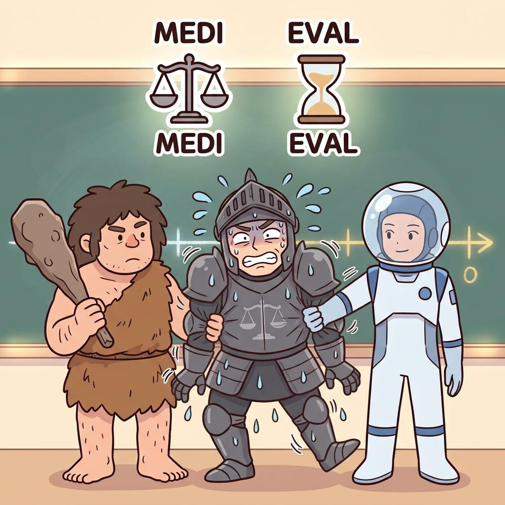 MEDI(중간) + EVAL(시대) — 그 중세의 기사는 역사의 한가운데에 꽉 끼어 있었다.