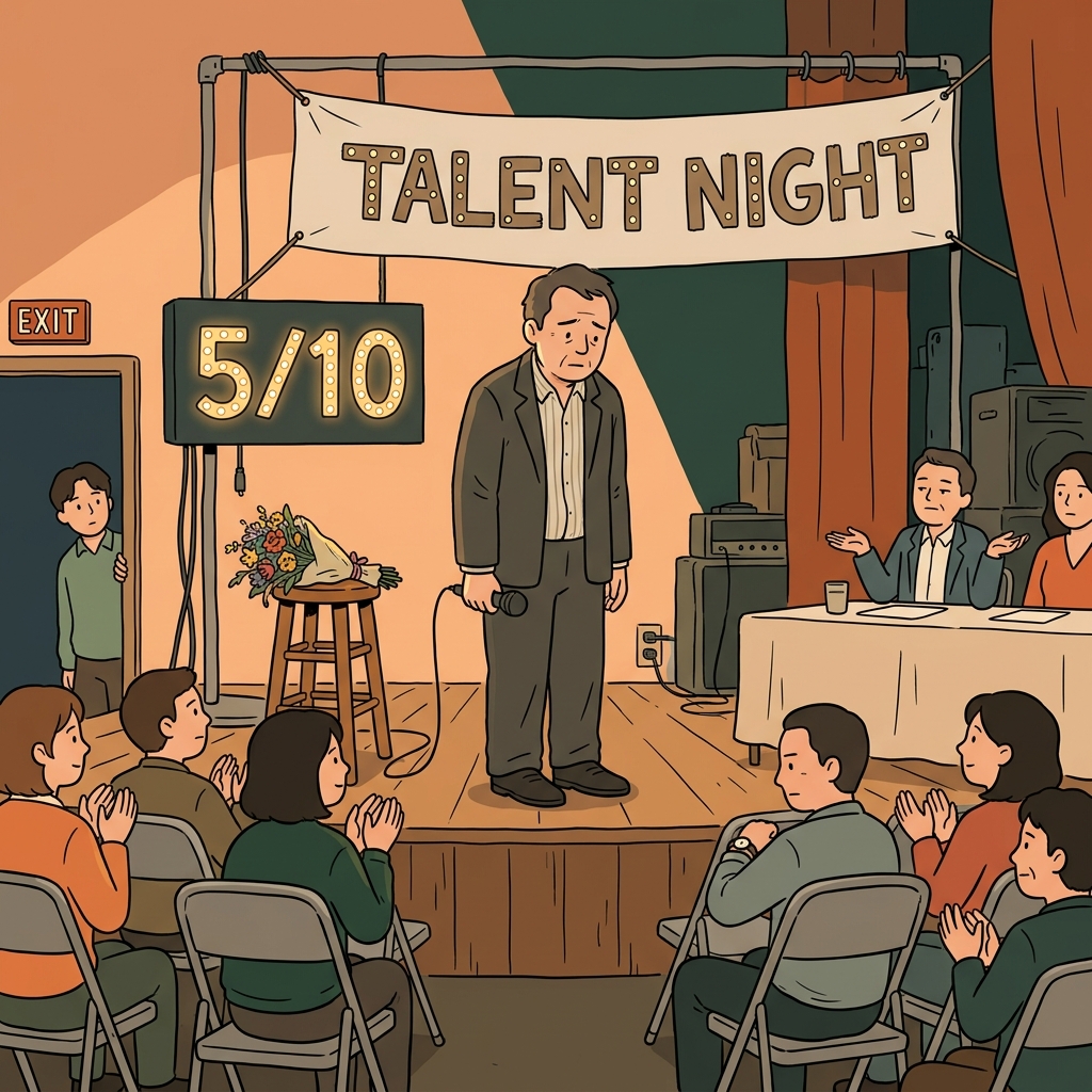 His mediocre performance left the audience clapping politely but forgetting instantly.