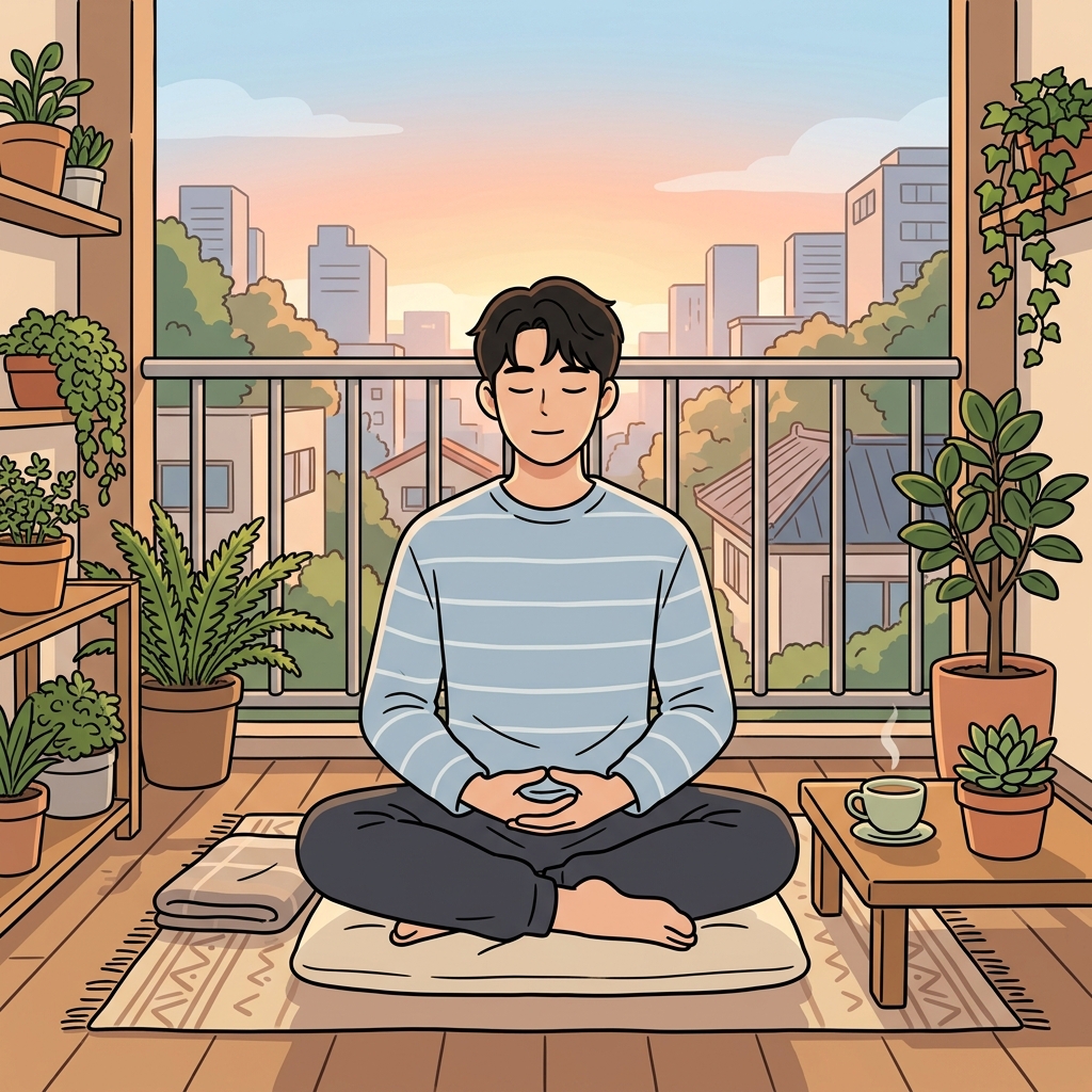 매일 하는 명상은 그의 평화로운 아침 습관이 되었다. (나(Me)와 데이트(Date)한다.)