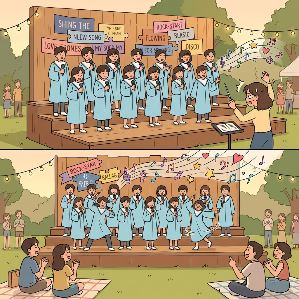 학교 합창단이 여름 축제에서 인기곡 메들리를 불렀다.