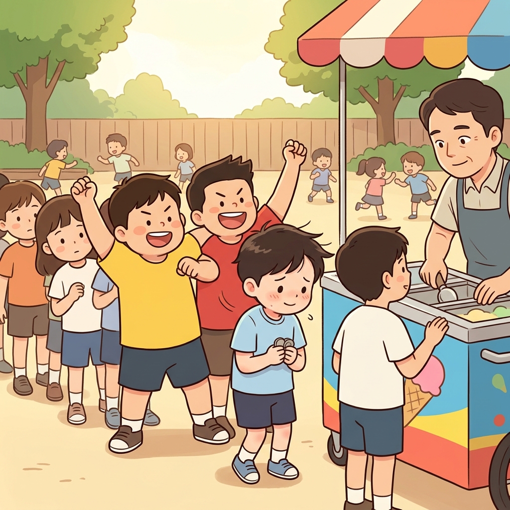 The meek boy quietly stepped aside as louder kids pushed to the front.