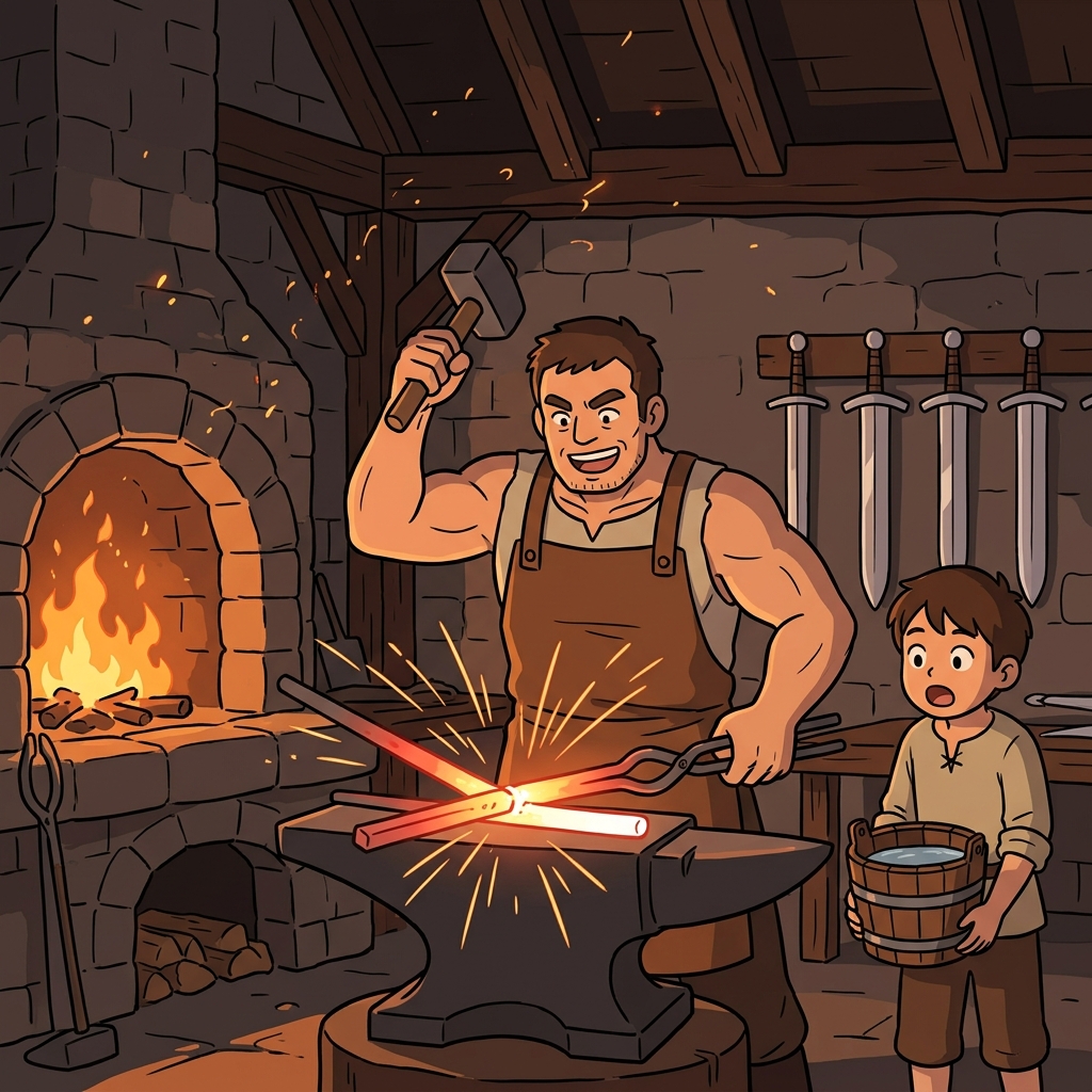 The blacksmith melds two glowing metal pieces into one seamless sword.
