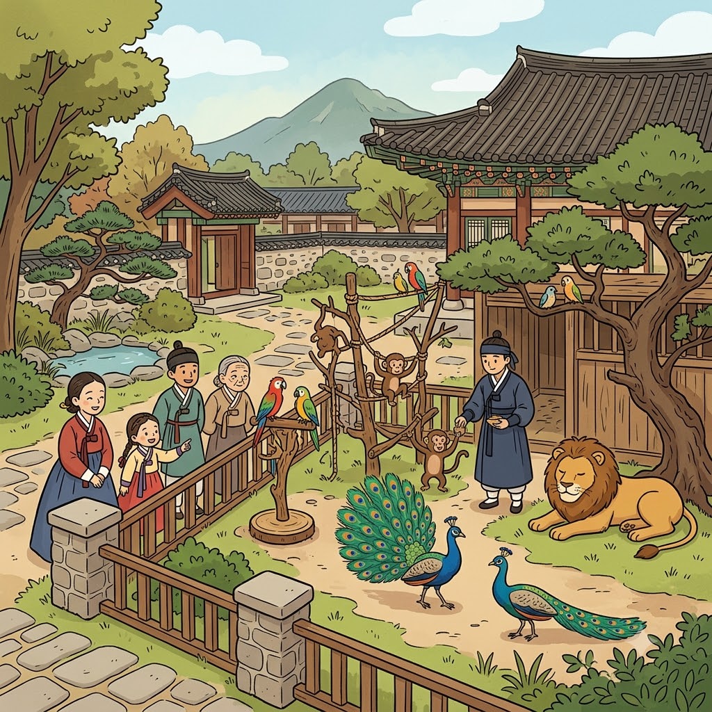 The palace menagerie housed lions, peacocks, monkeys, and other exotic animals.