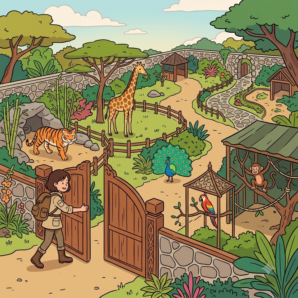 The explorer entered a menagerie filled with rare animals from around the world. (Think of: menagerie → many animals)