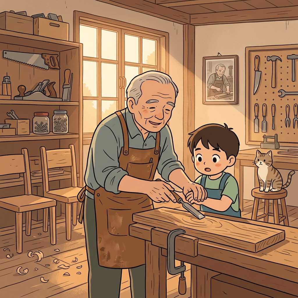 An old carpenter guides his young apprentice like a true mentor.