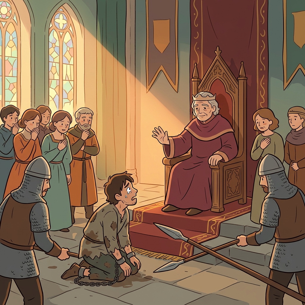 The merciful king spared the trembling prisoner's life with a single wave.
