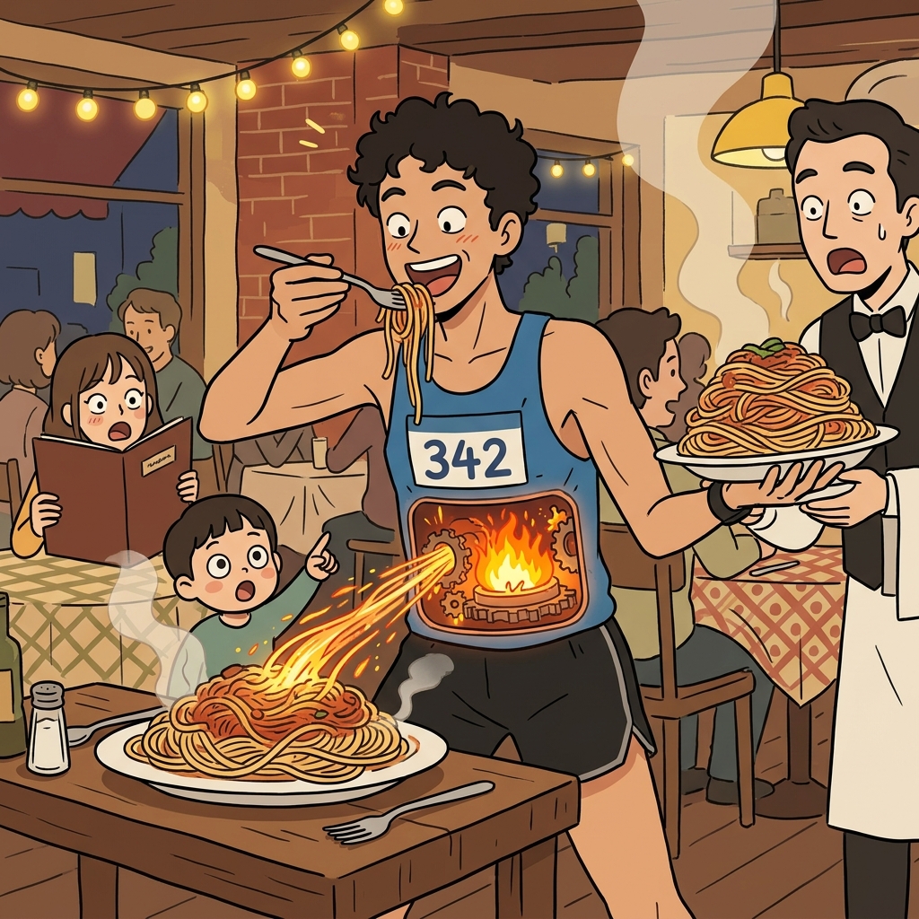 After the marathon, his metabolism burns through pasta like a furnace at full blast.