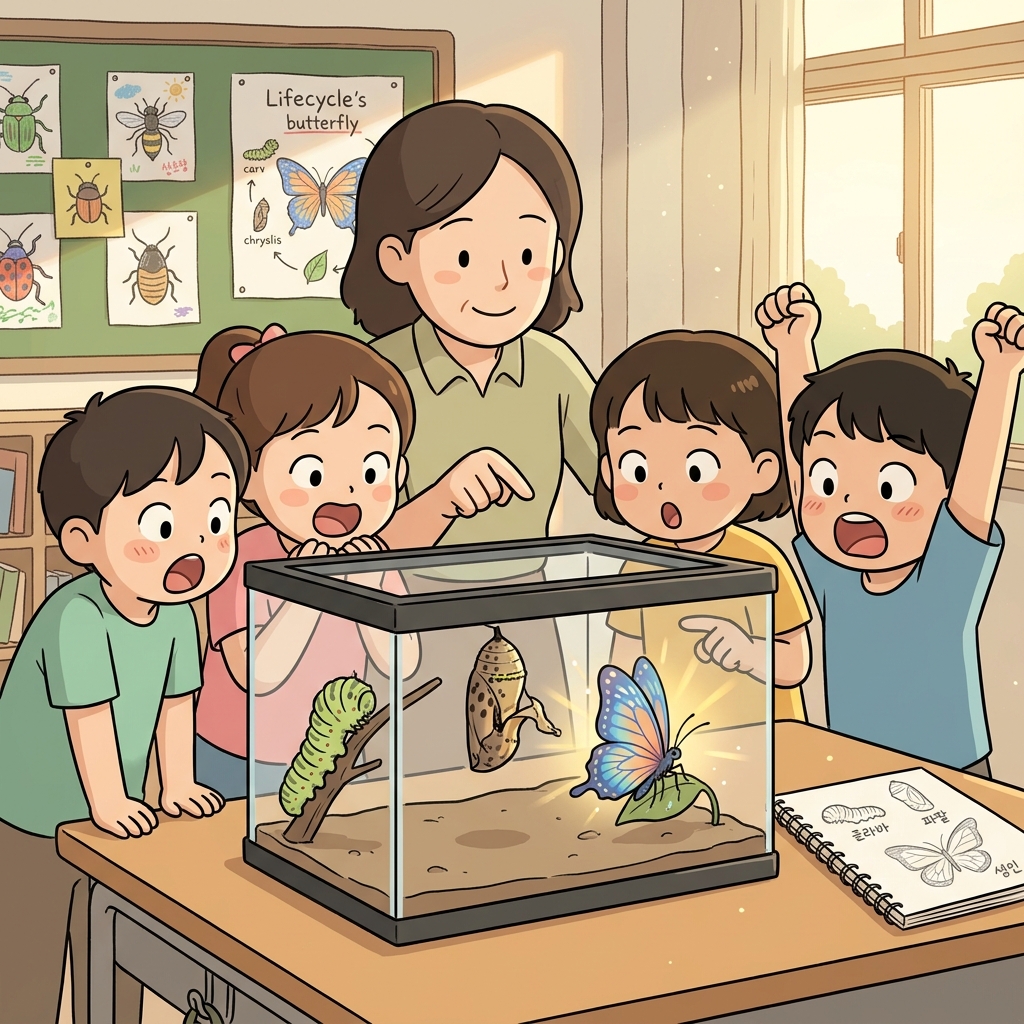 The caterpillar's metamorphosis into a butterfly amazes the schoolchildren watching.