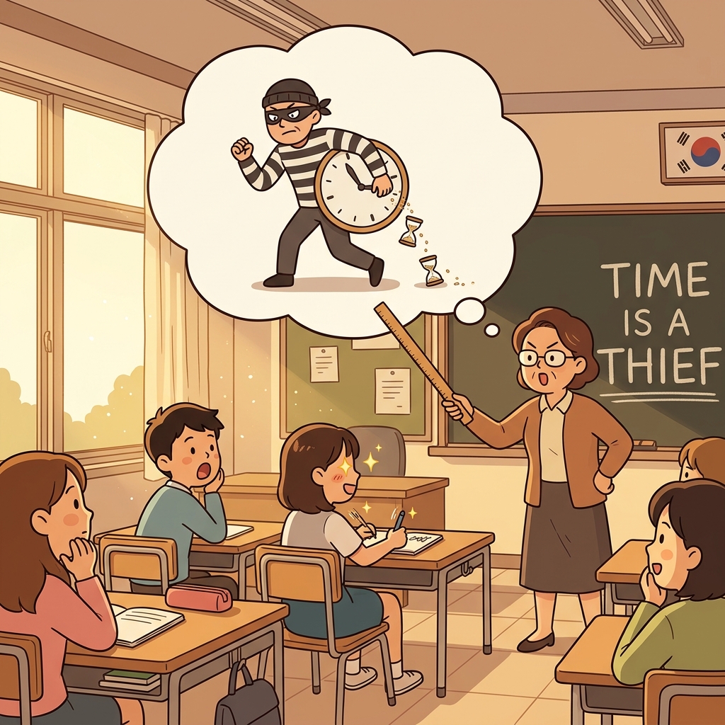 The teacher explains that 'time is a thief' is a metaphor stealing your youth.