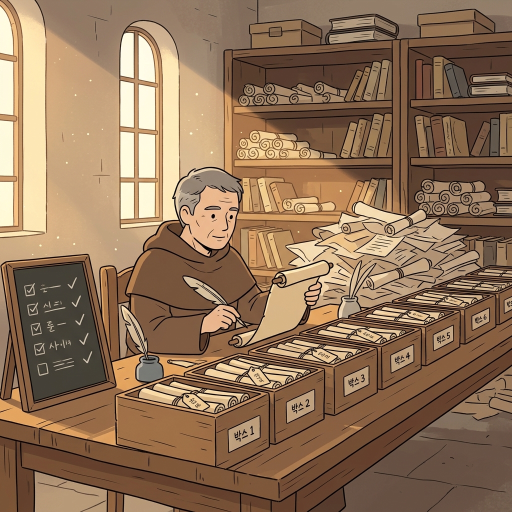 The archivist works in a methodical way, labeling every scroll before moving on.