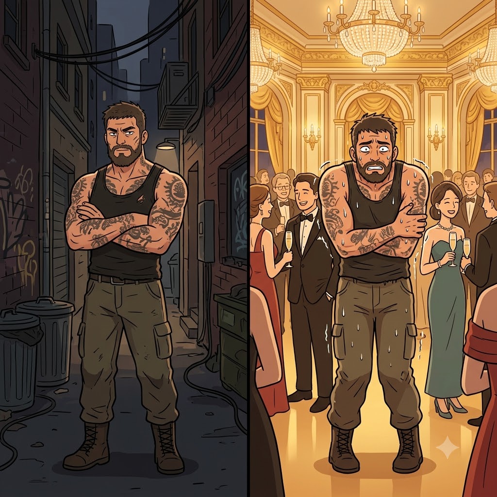 Leaving his rough street, the fighter felt completely awkward in the elegant, high-class milieu of the classical concert.