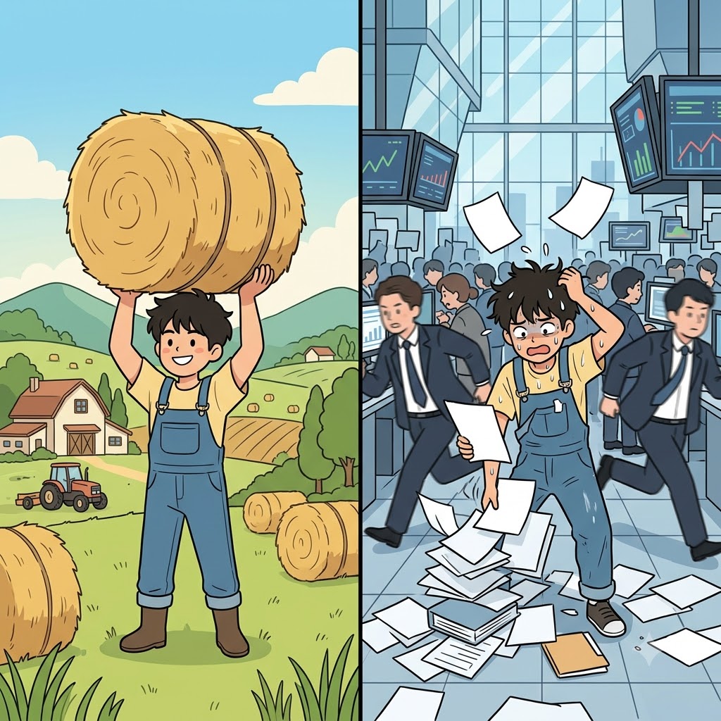 "내가 경쟁에서 밀리(mili)는 이 유(lieu)!" 복잡한 도시를 마주하며, 시골 소년은 빠르게 돌아가는 환경(milieu) 속에서 고군분투했다.