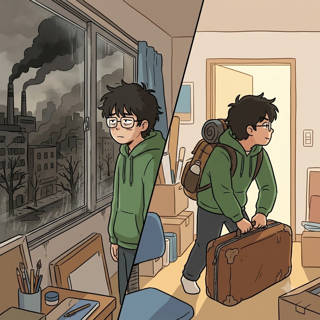 Looking out the window at the dark, polluted view, the artist decided to pack his bags and escape the toxic milieu.