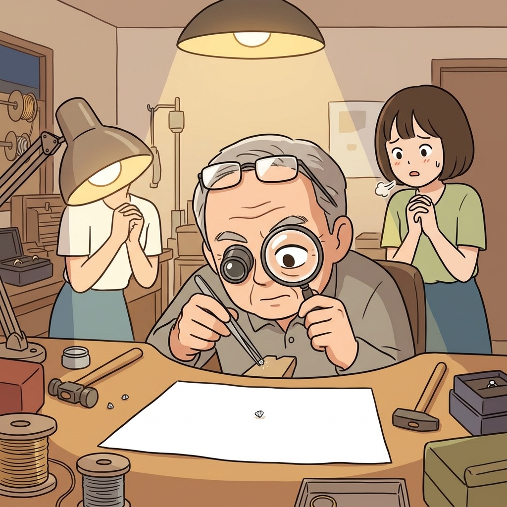 The jeweler examines a minuscule diamond chip through a magnifying loupe.