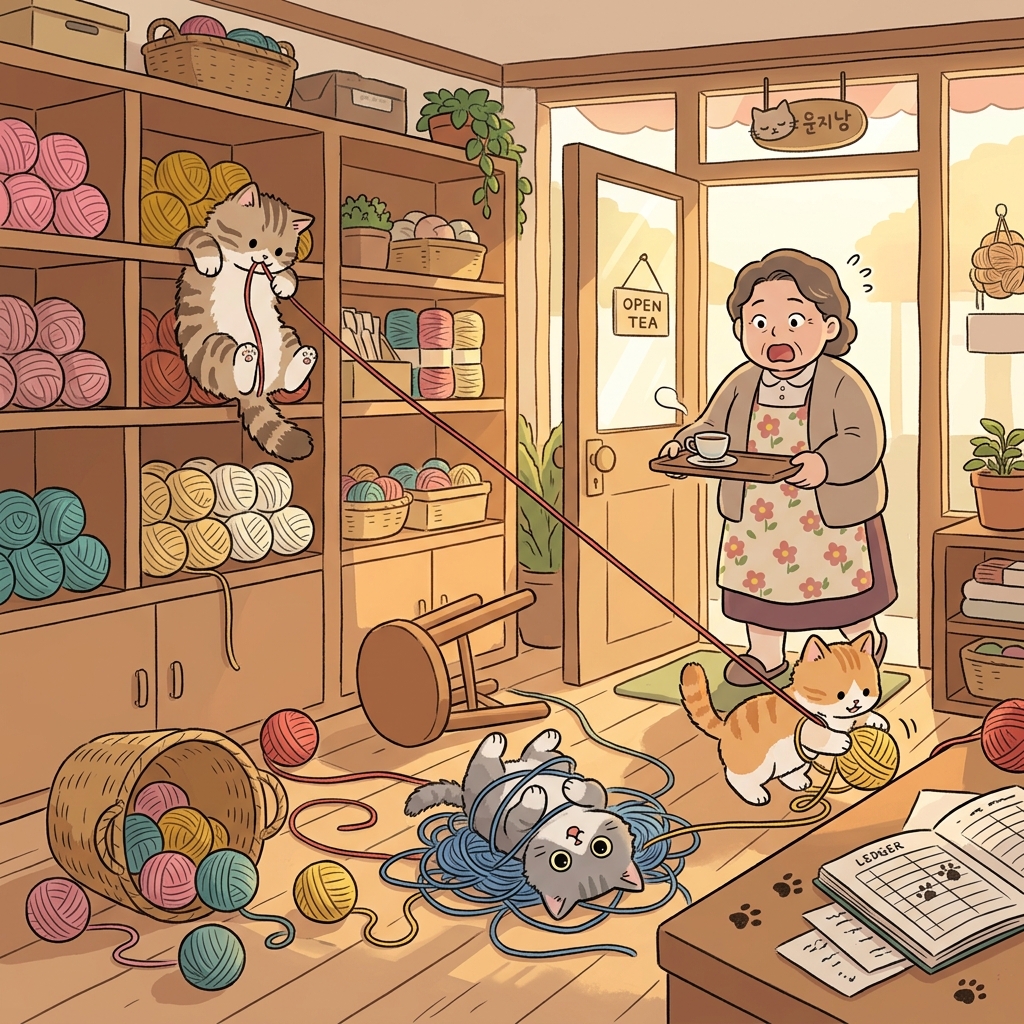 The kittens caused mischief by unraveling every roll of yarn in the shop.