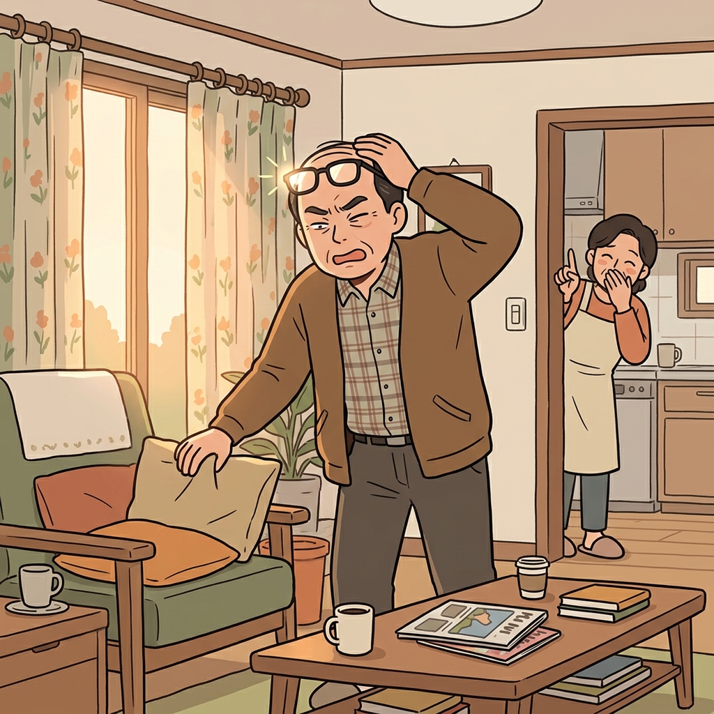 그는 꼭 필요할 때마다 안경을 어디 뒀는지 까먹는다.