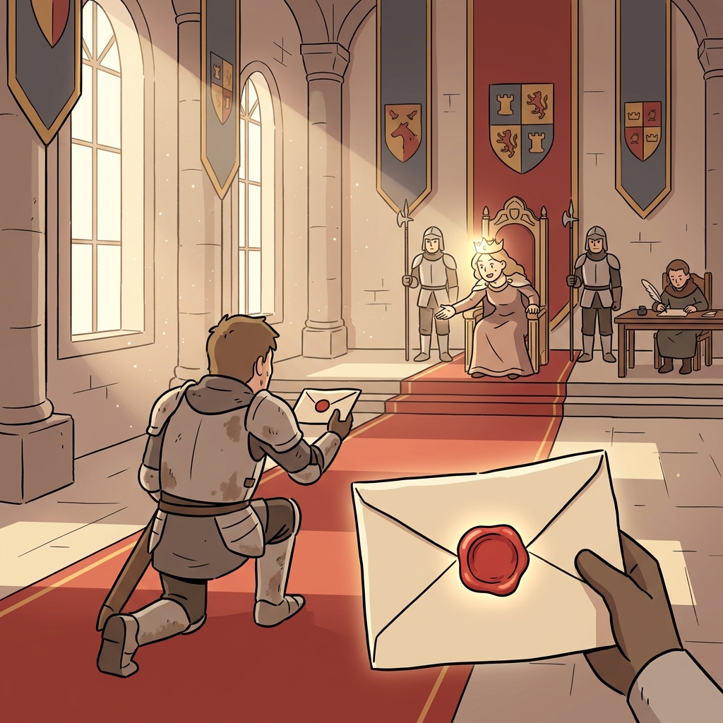 The knight delivered a sealed missive to the queen at dawn.