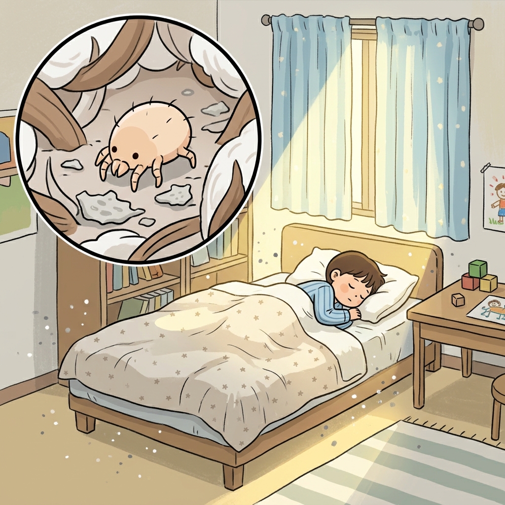 베개 위 먼지 사이로 작은 진드기가 기어다닌다.