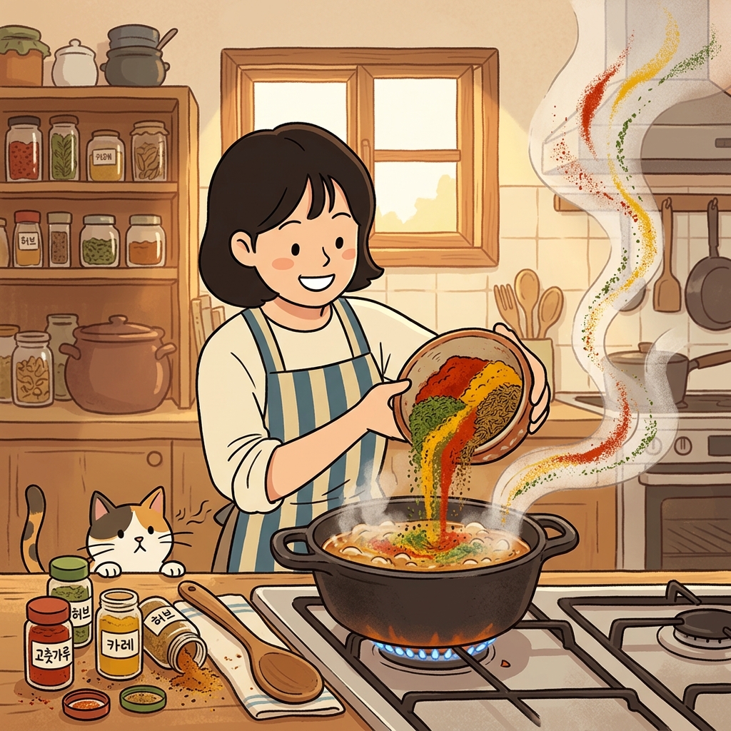 The chef pours a colorful mixture of spices into the bubbling pot.
