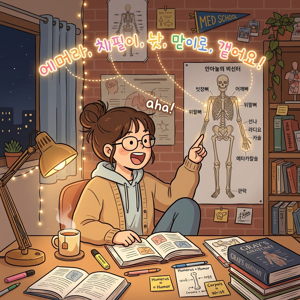 그녀는 인체의 모든 뼈 이름을 암기법으로 외운다.