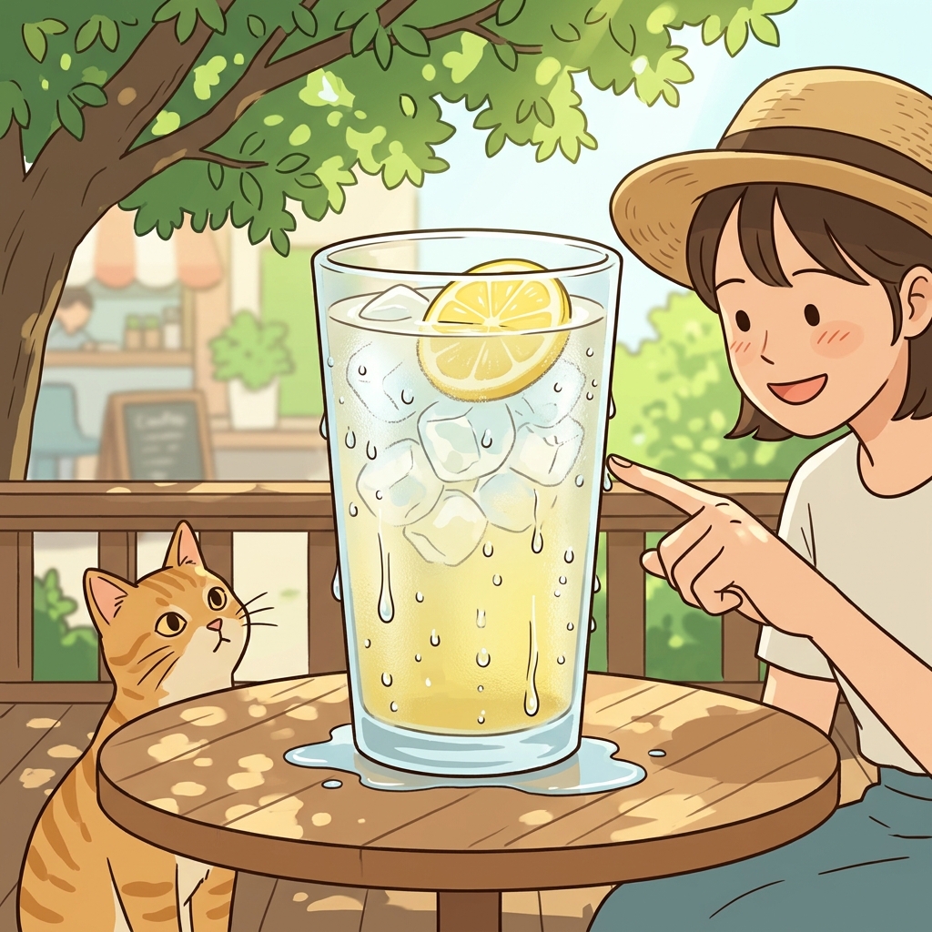 차가운 레모네이드 잔 표면에 물방울이 송골송골 맺혔다.