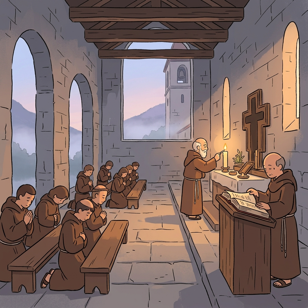 Monks pray silently in the stone monastery at dawn.