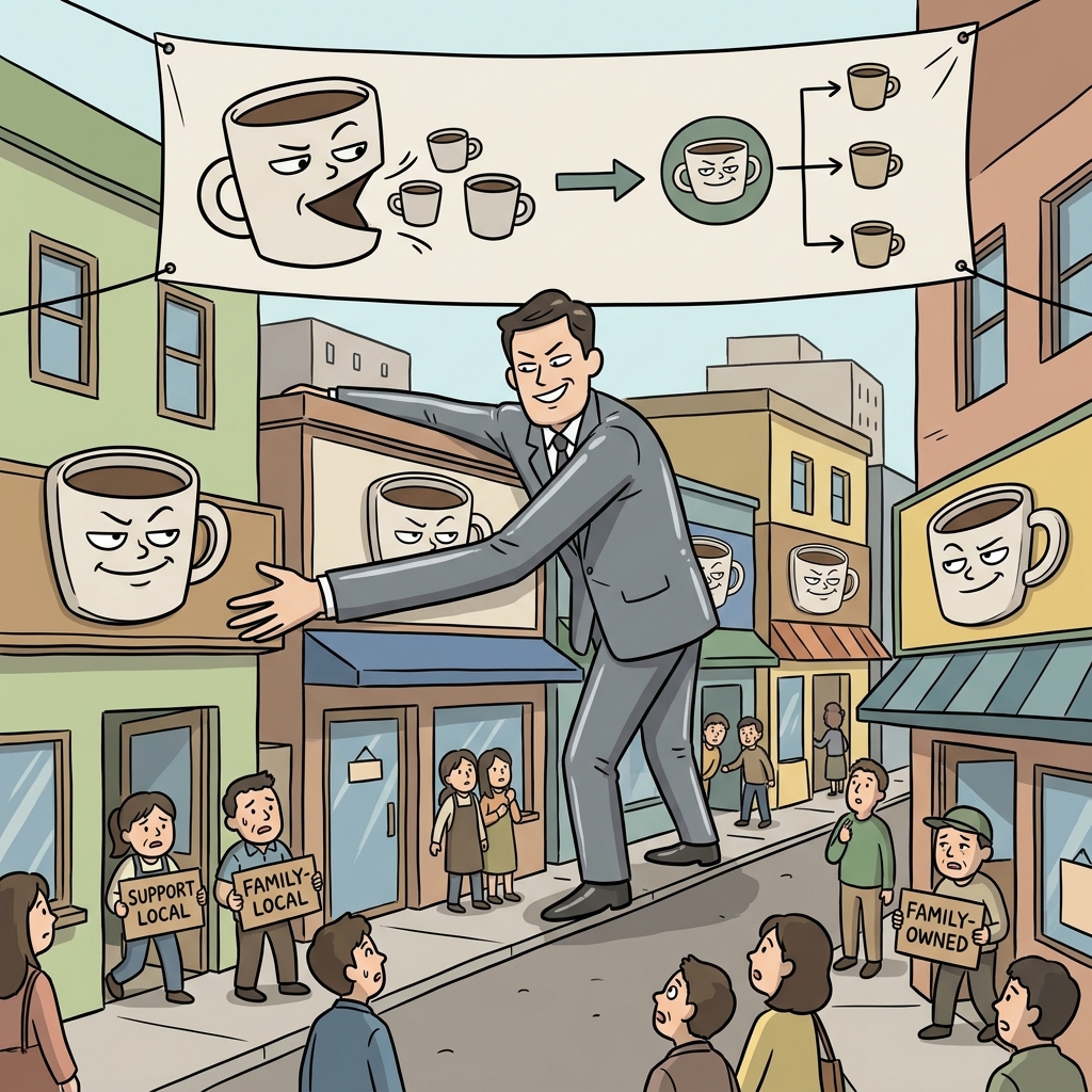 One giant corporation tries to monopolize the entire coffee market in the city.